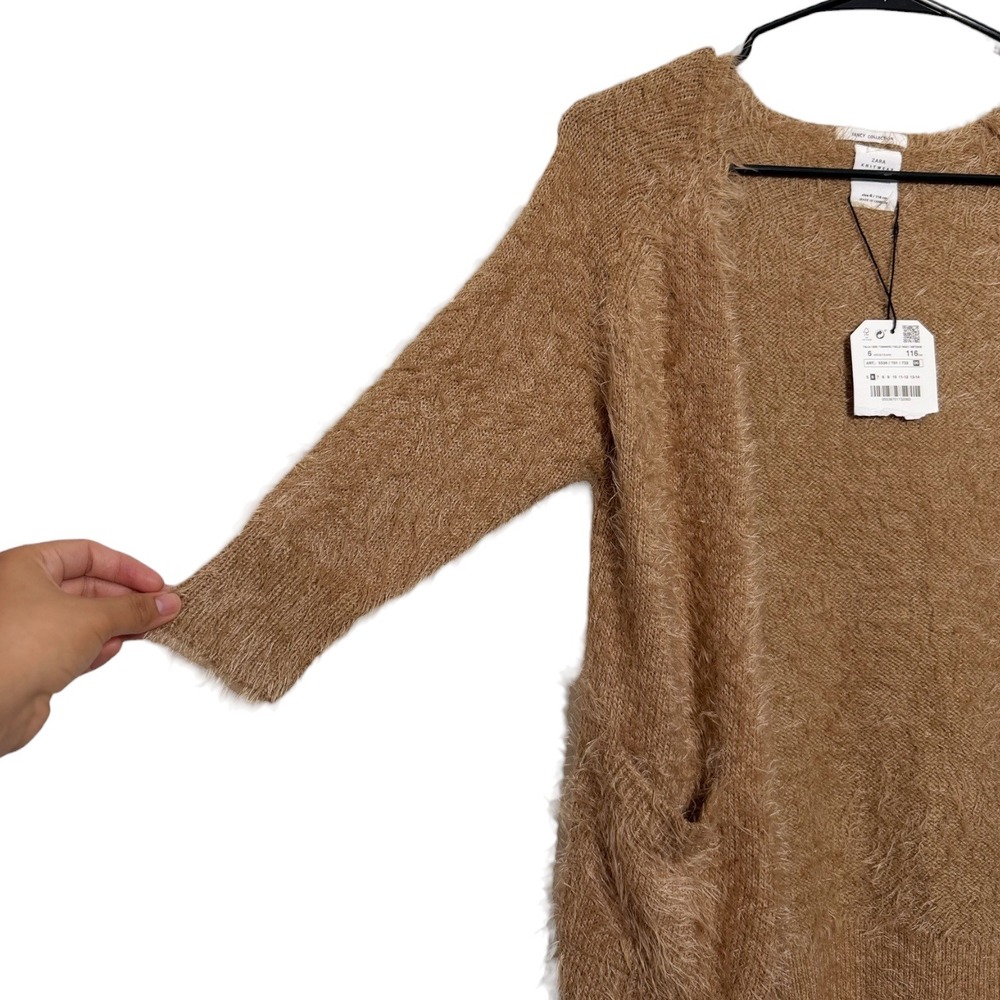 Zara Kids Fuzzy Eyelash Knit Camel Brown Open Front Cardigan Girls Size 6 NWT - Picture 3 of 7